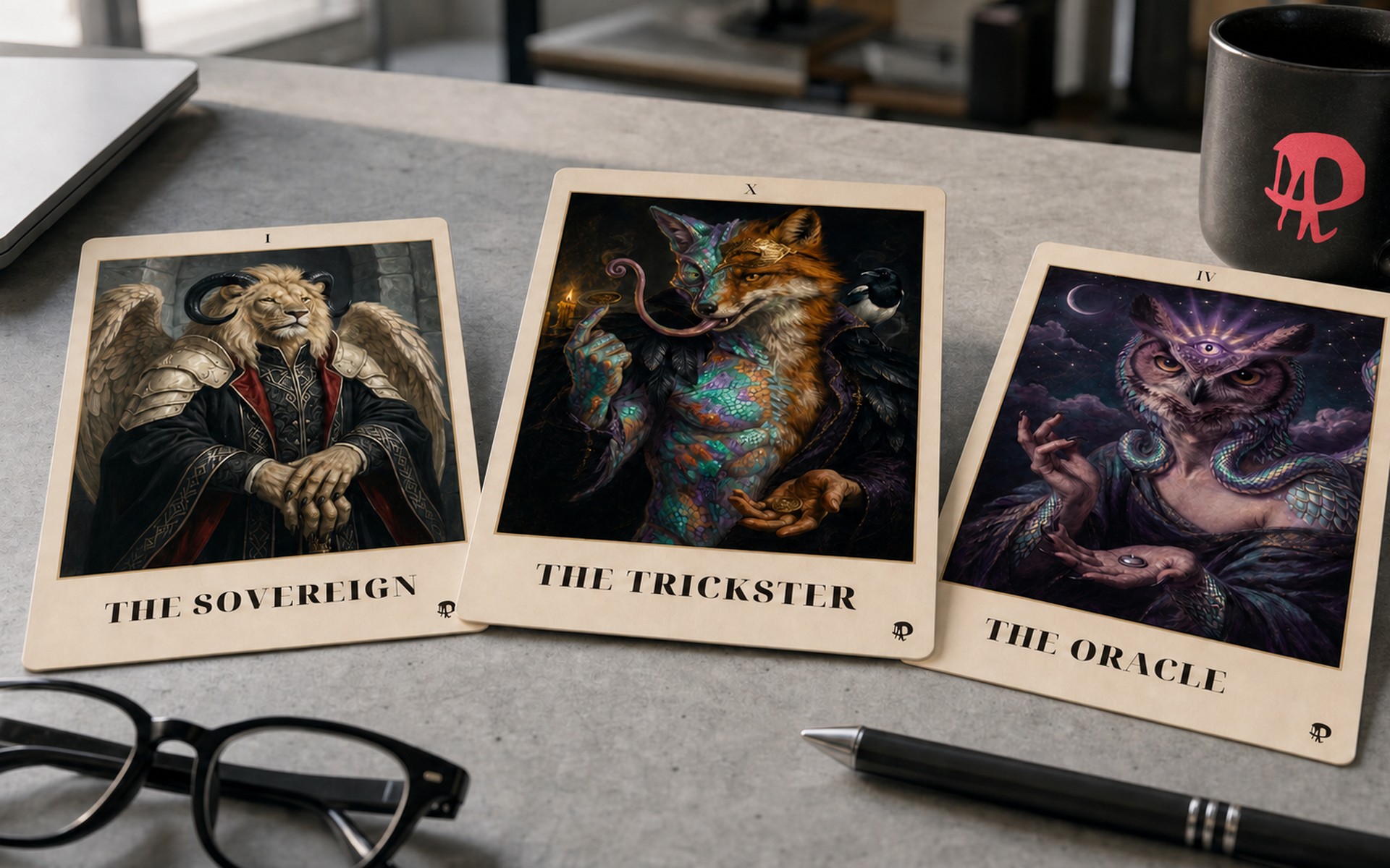 The Trickster archetype seated in a candlelit gothic council chamber, a magpie on his shoulder.